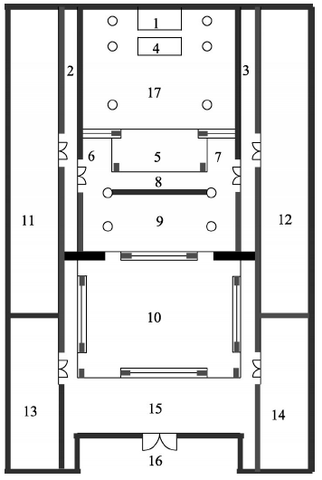 在祠堂的各个空间中,庭院(15),大天井(10),中堂(9),小天井(5),拜厅